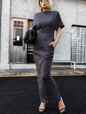 Z boss a word collar a piece of slim dress swallowtail long version X-shaped short sleeve dress women