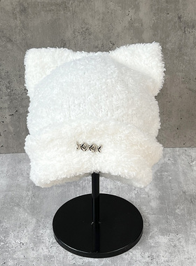 甜美可爱猫耳朵金属XX标毛线帽子女秋冬保暖护耳毛绒针织帽包头帽