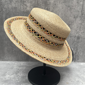 法式 优雅镂空彩辫拉菲草编礼帽女夏季 海边沙滩遮阳帽度假平顶草帽