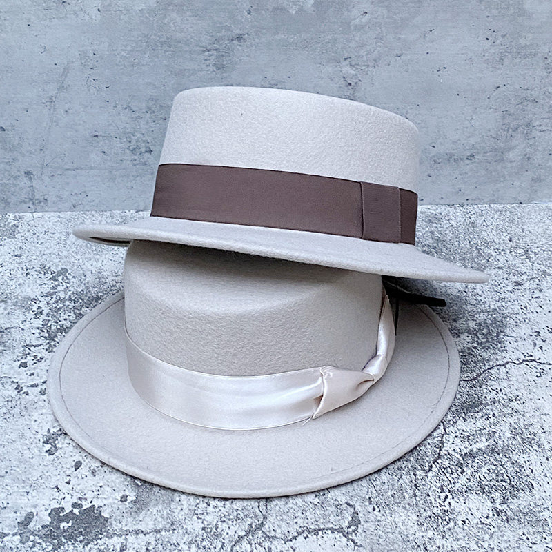 网红博主推荐优雅气质米色平沿礼帽女羊毛呢英伦复古平顶帽潮百搭