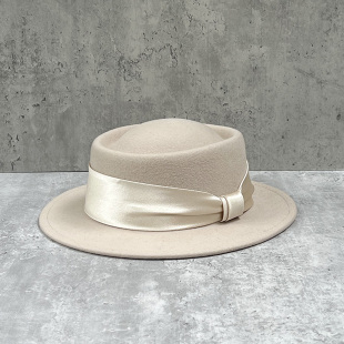 羊毛礼帽秋冬季 百搭毛呢毡帽 高档缎面蝴蝶结扣凹顶英伦爵士帽韩版