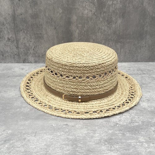 法式优雅镂空拉菲草平顶草帽夏季