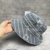 条纹花朵刺绣棉质渔夫帽女时尚 2025新款 显白雾蓝韩版 休闲别致盆帽