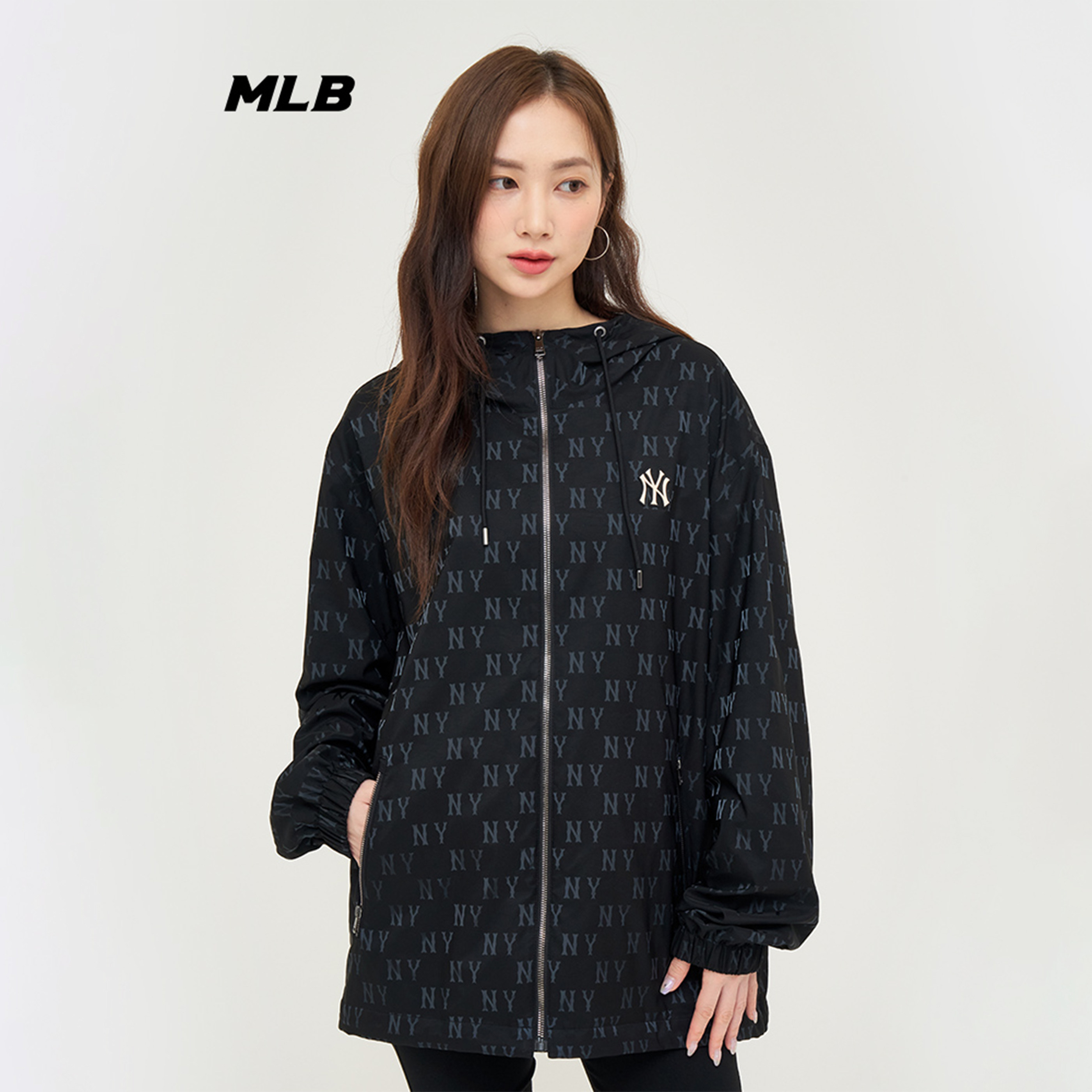 MLB情侣外套春季男女同款NY满花潮流连帽开衫上衣夹克3AWJM0444