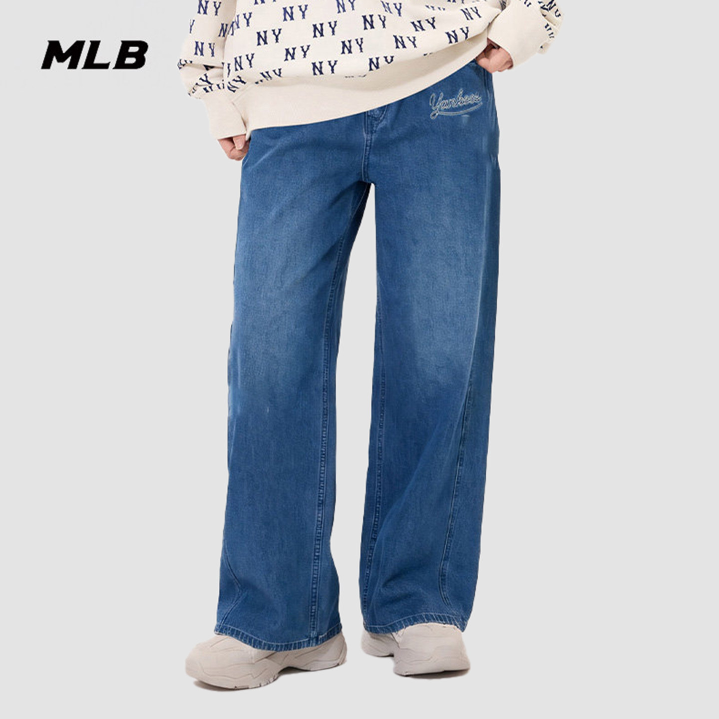26新款MLB女款牛仔裤NY字母刺绣学院风阔腿弯刀运动长裤3FDPV0261