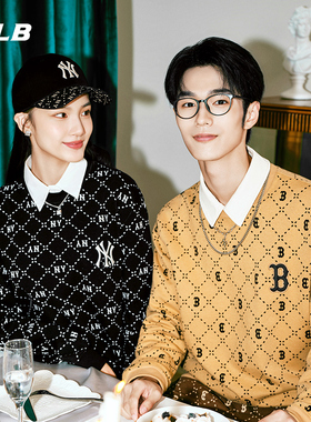 MLB卫衣男女同款NY钻石老花满印运动圆领休闲长袖套头衫3AMTM0134