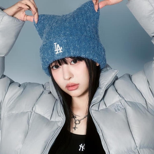 MLB针织毛线帽男女同款25冬季新款休闲保暖帽猫耳绒线帽3ABNB1156