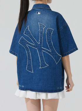 MLB牛仔短袖外套男女后背NY复古大标衬衫运动休闲夹克3ADRB0253