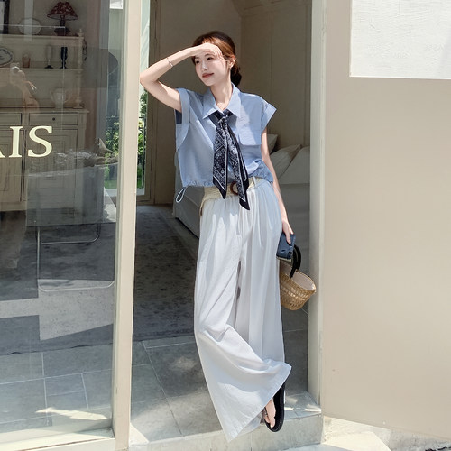 现货亚麻上衣带飘带+裤子两件套2D078-T2087-P165K248