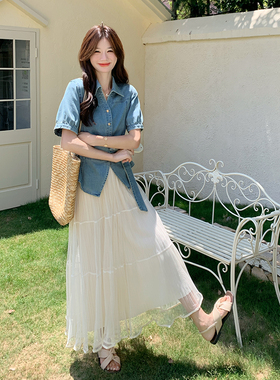 现货2D078-T2072-P165K248牛仔收腰上衣+纱裙两件套