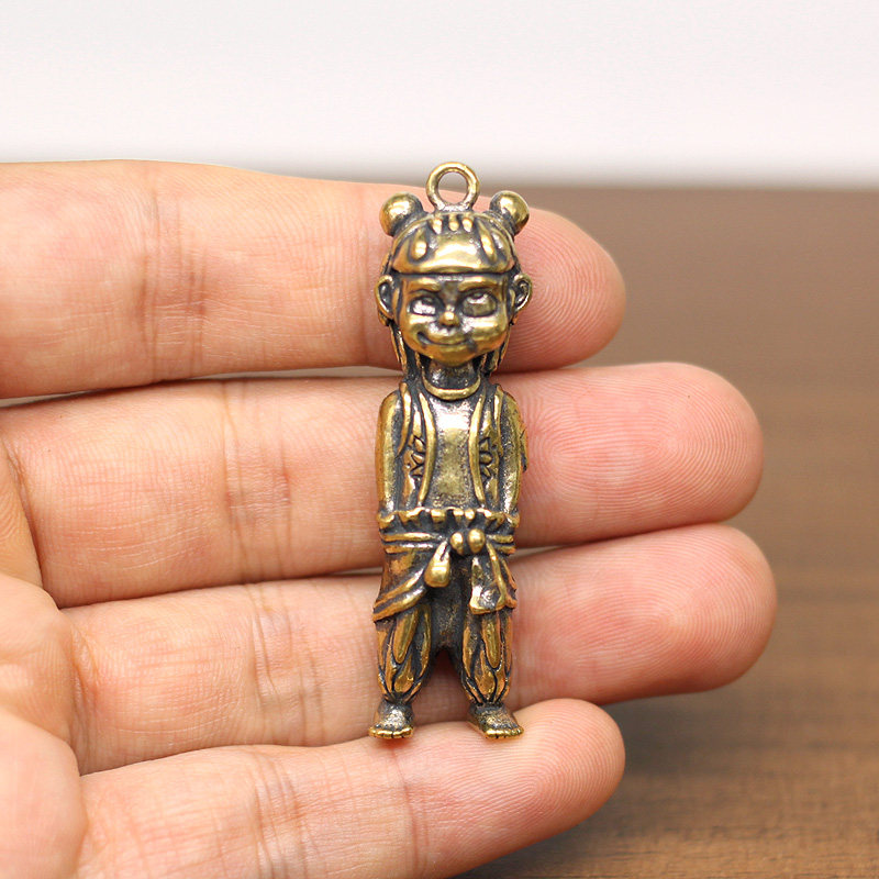 中式复古风纯铜实心迷你黄铜哪吒卡通人像装饰摆件神话人物钥匙扣