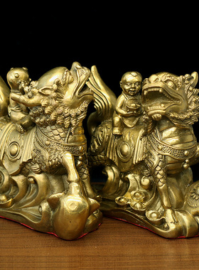 纯铜麒麟送子家居风水用品客厅镇宅求子电视柜卧室黄铜麒麟工艺品