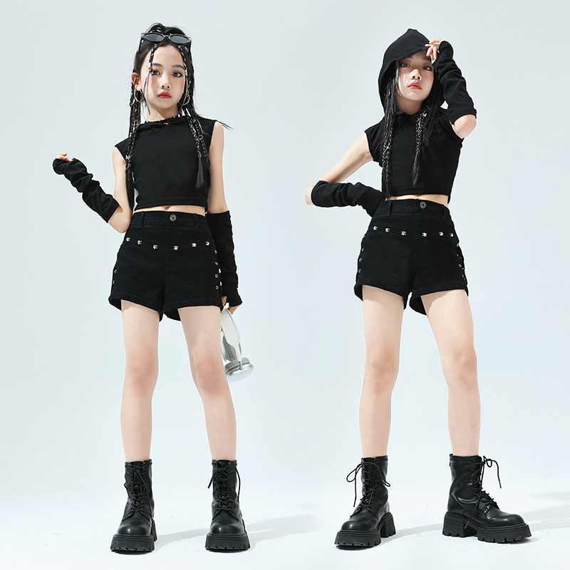 新款儿童爵士现代舞蹈演出服装女童jazz纯棉卫衣短裤套装街舞