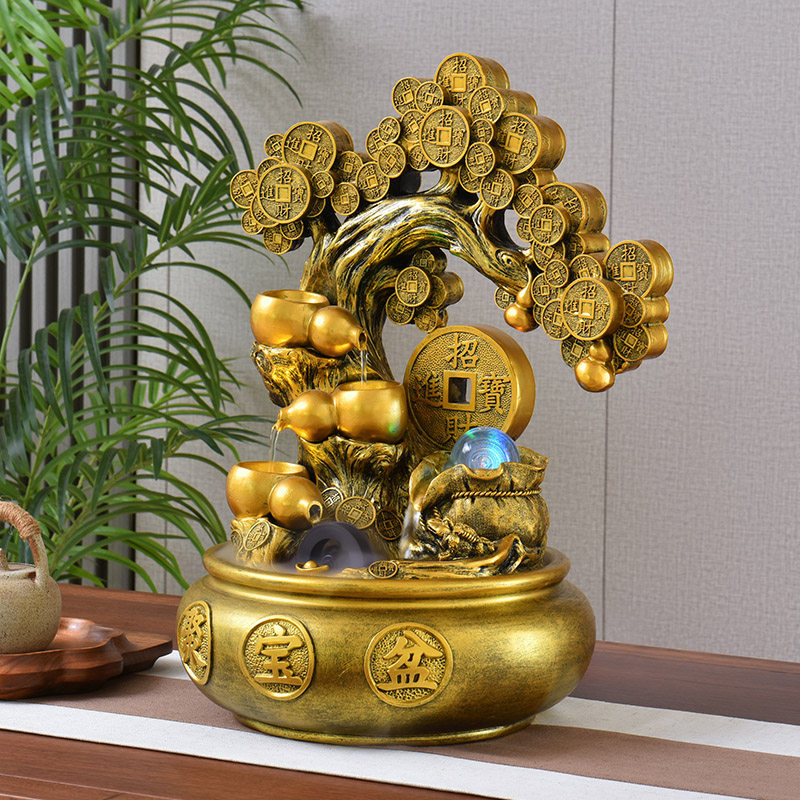 摇钱树招财摆件店铺开业金蟾聚宝盆循环流水生财水晶转动球风水轮