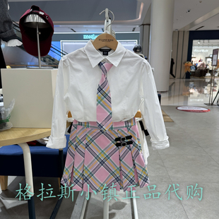 Elandkids衣恋童装专柜正品25春女童刺绣领带长袖衬衫EKBAF1222B