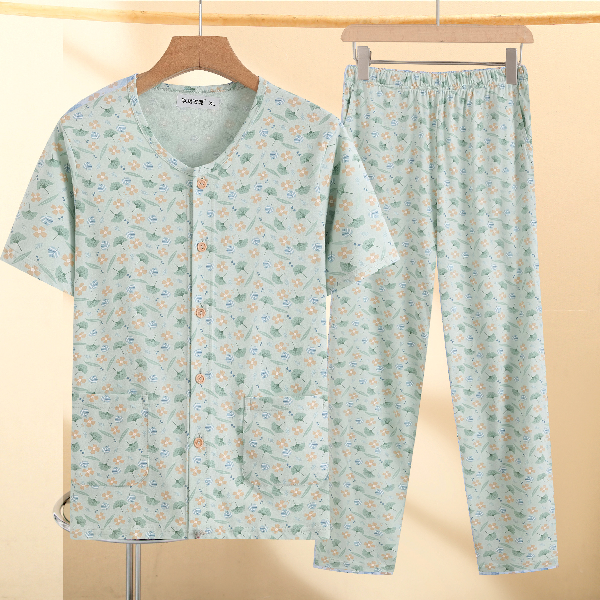 中老年纯棉女士开衫碎花睡衣套装夏季短袖长裤妈妈家居服宽松大码