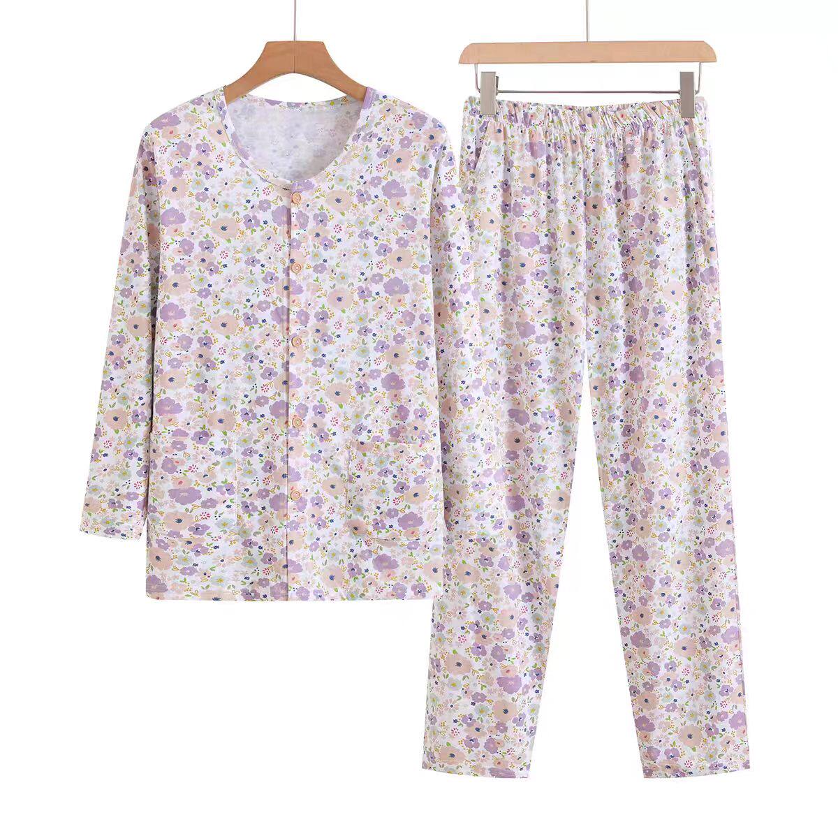 女士纯棉开衫家居服中老年宽松薄款对襟睡衣妈妈空调衫长袖套装