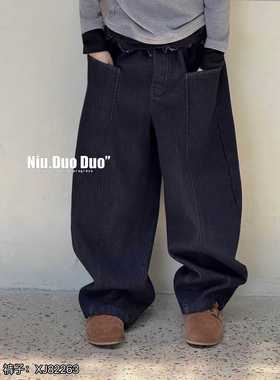 牛哆哆2025冬新款女童洋气格子裙边加厚一体绒牛仔裤弯刀裤82263