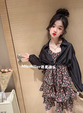 迷爱迷乐2023女童夏季新款气质小碎花吊带连衣裙防晒衣套裙23032
