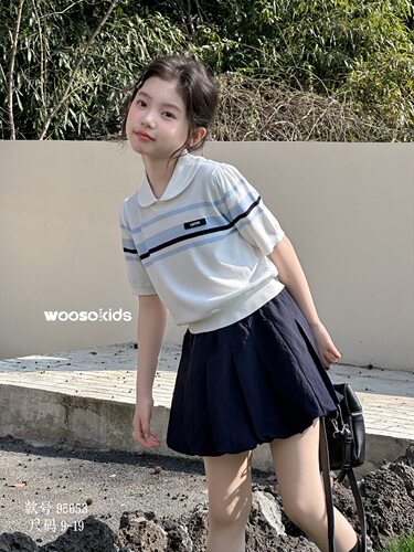WOOSO潮牌女童2026夏女童短袖儿童条纹翻领T恤学院风Polo衫95653