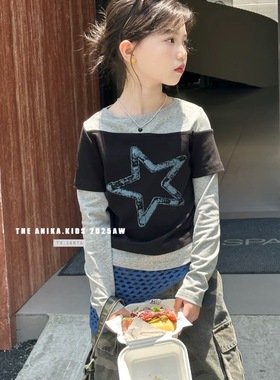 阿尼卡ANIKA韩国童装2025秋女童长袖T恤修身短款假两件百搭