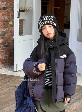 木莎童装2025冬季新款男女儿童韩版潮款拼色90绒连帽羽绒服11585
