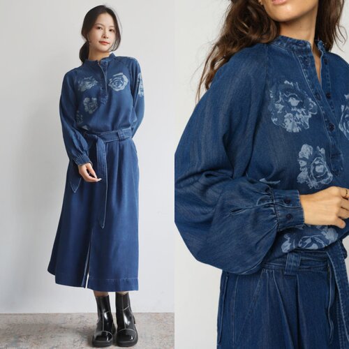 晕染玫瑰天丝牛仔衬衫半裙套装