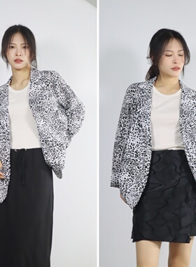 帮工厂清 白色豹纹撞色时尚通勤简约百搭七分袖薄款中长西装外套