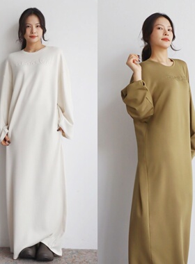 西亚m 轻云闲风 蕾丝刺绣字母logo宽松空气棉垮肩长款卫衣连衣裙