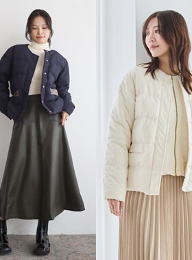 日系 可可爱爱 条纹衍缝面包撞色小香风圆领暗扣短款羽绒服外套