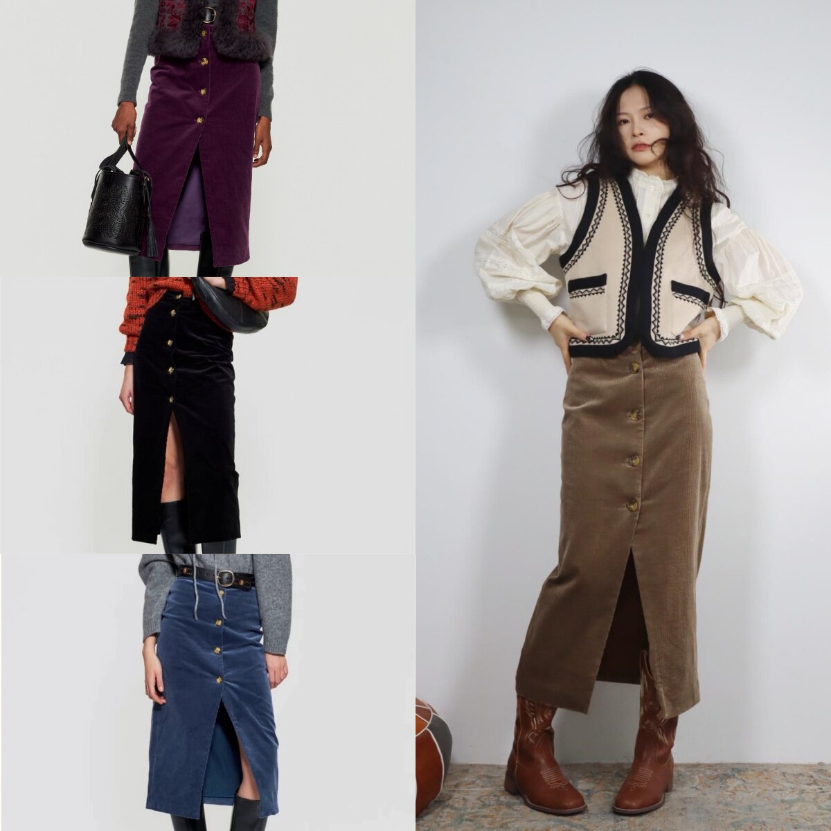 【特】法国小众akt 设计感高腰开衩纽扣复古显瘦中长灯芯绒半身裙