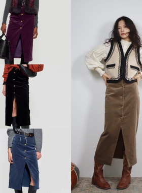 【特】法国小众akt 设计感高腰开衩纽扣复古显瘦中长灯芯绒半身裙