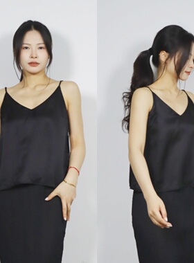 美国轻奢bd 优雅弧线 黑色吊带肌理感顺滑宽松显瘦v领纯欲上衣女