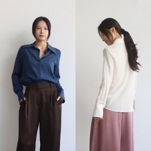 北欧优雅真丝尖领长袖衬衫女