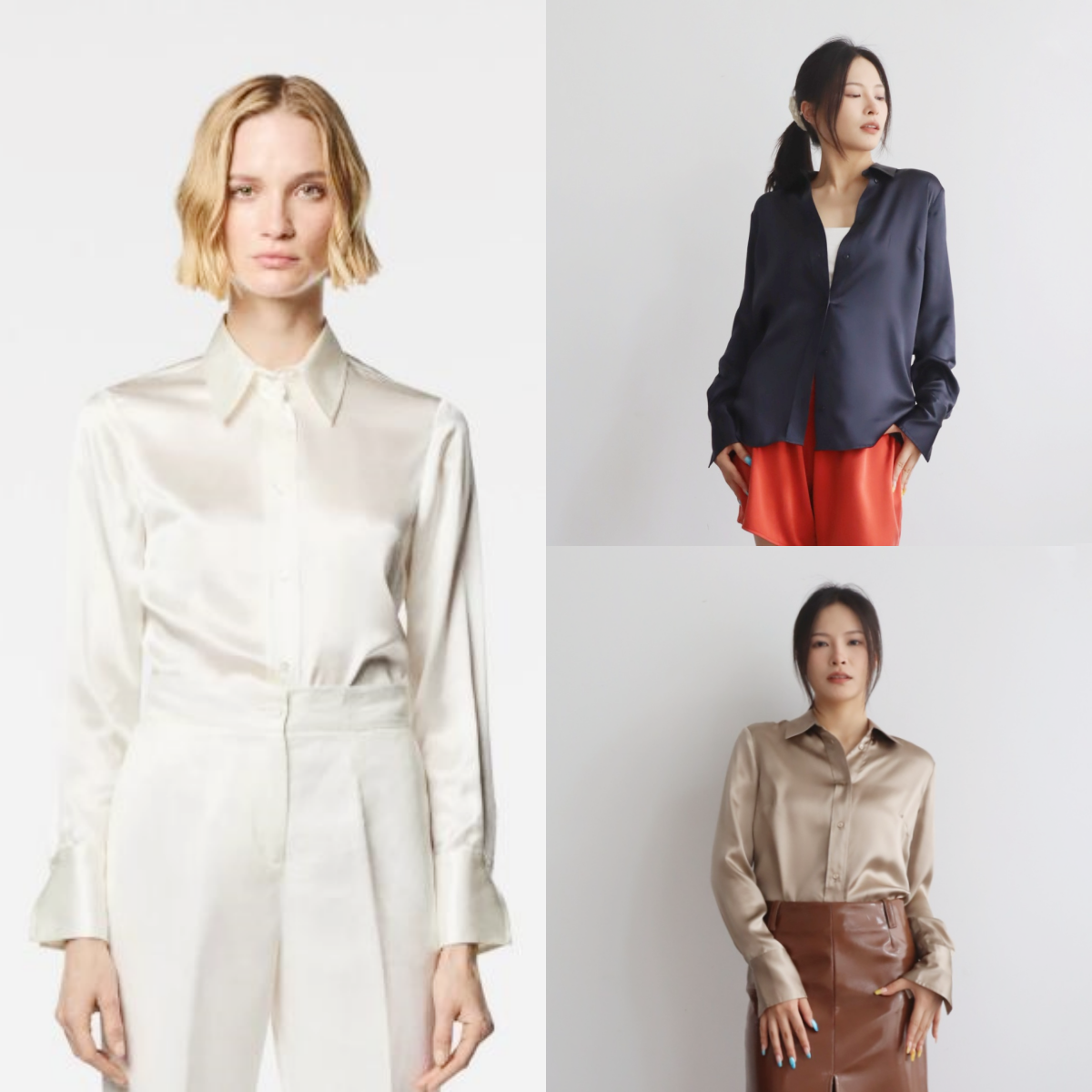 意大利缎面真丝光泽收腰长袖衬衫