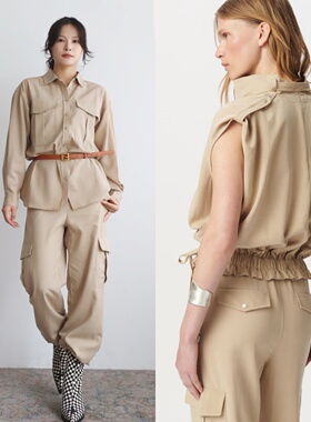 法国IK 废土朋克 沙色叠领高腰松紧带工装垮肩大口袋衬衫长裤套装