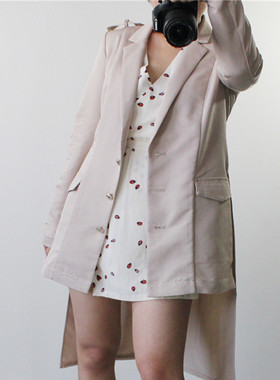 【清仓】意大利pp  西装领金属扣单排扣燕尾裙摆可卸长款风衣外套