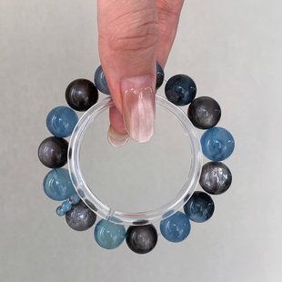 高端稀少水晶手链天然黑爆闪魔鬼蓝海蓝宝手串银耀石星辉骨干水系