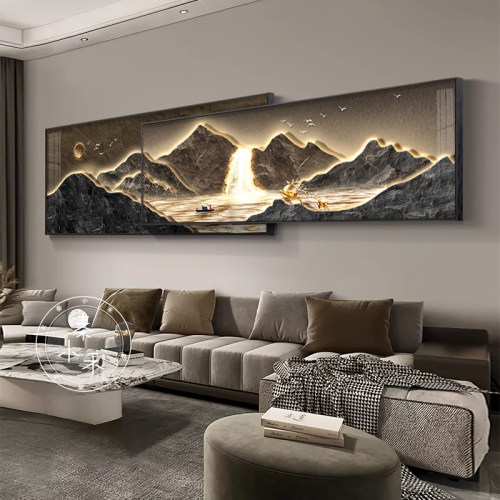定做新款客厅装沙饰画简约发代墙挂流画水背生财叠加山景水壁现画