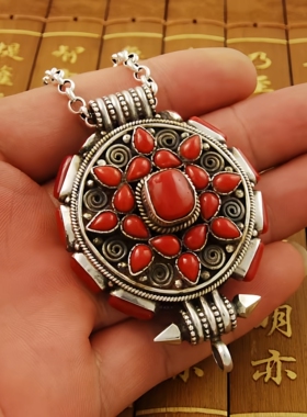 纯手工复古孤品仅1件宝石古银西藏饰品嘎乌盒纯银吊坠实物拍摄