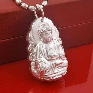 实心原创立体浮雕阿弥陀佛吊坠守护神纯银项链带证书