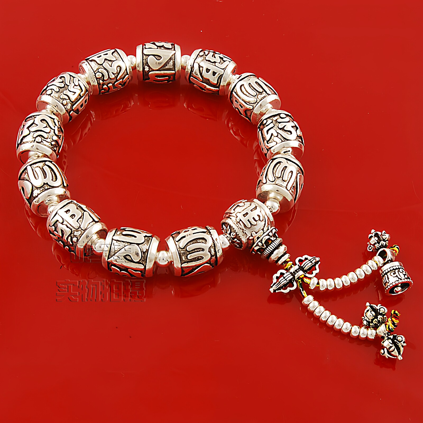 六字真言纯银桶珠手链念珠手串饰品刻字包邮