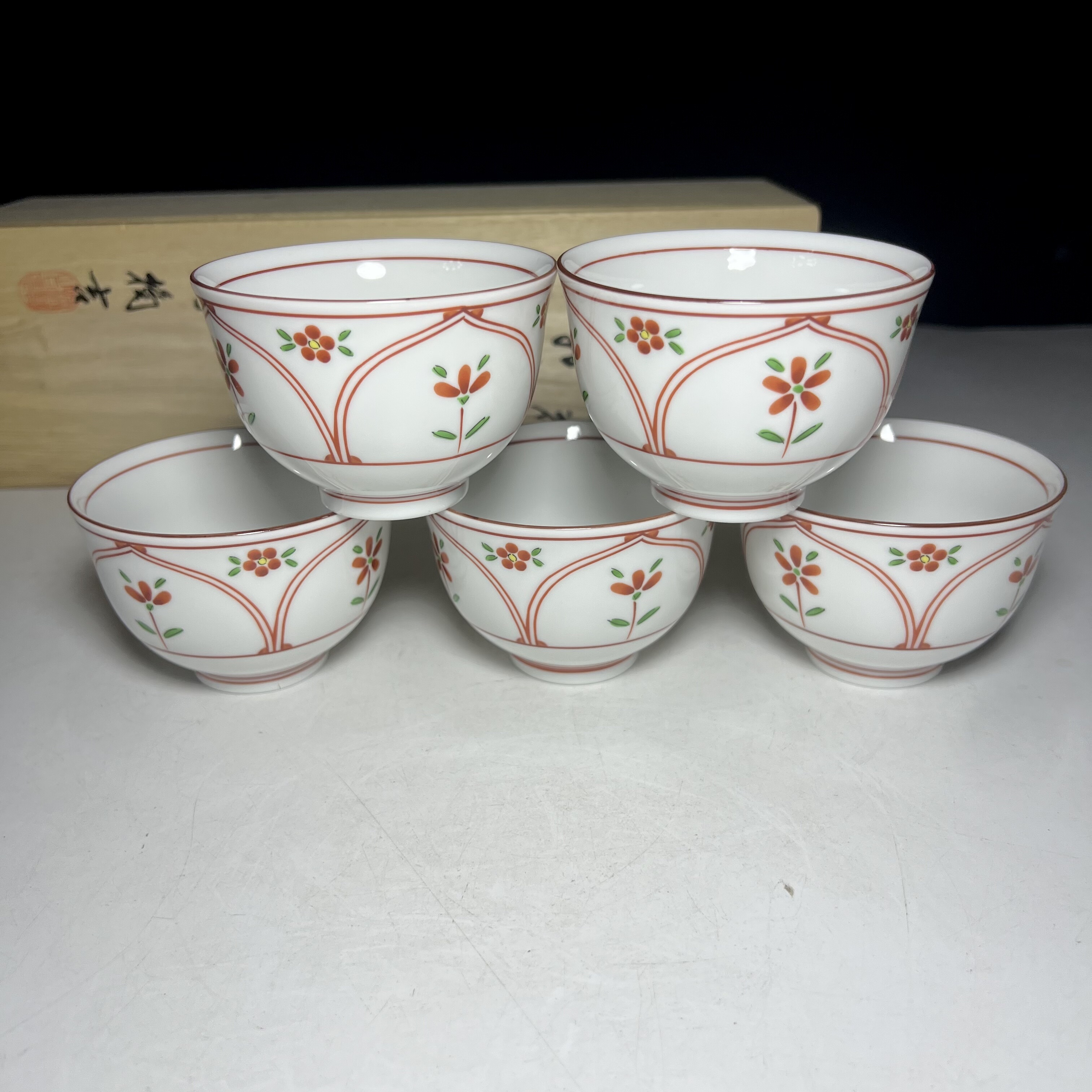 日本回流平安橘吉间取花纹赤绘内花草茶具