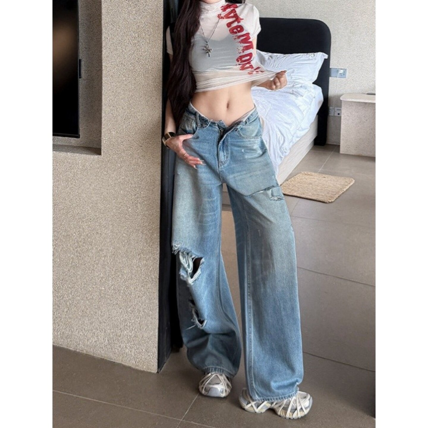 高个子加长辣妹低腰破洞窄版阔腿牛仔裤女夏季新款宽松显瘦拖地裤
