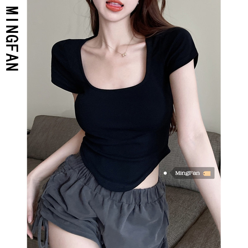 2026新款夏季女装设计感小众辣妹方领上衣修身衣服爆款短袖T恤ins