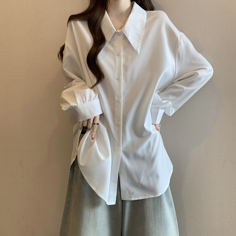 今年流行白色长袖衬衫女2026春季大码微胖mm宽松巨显瘦中长款上衣
