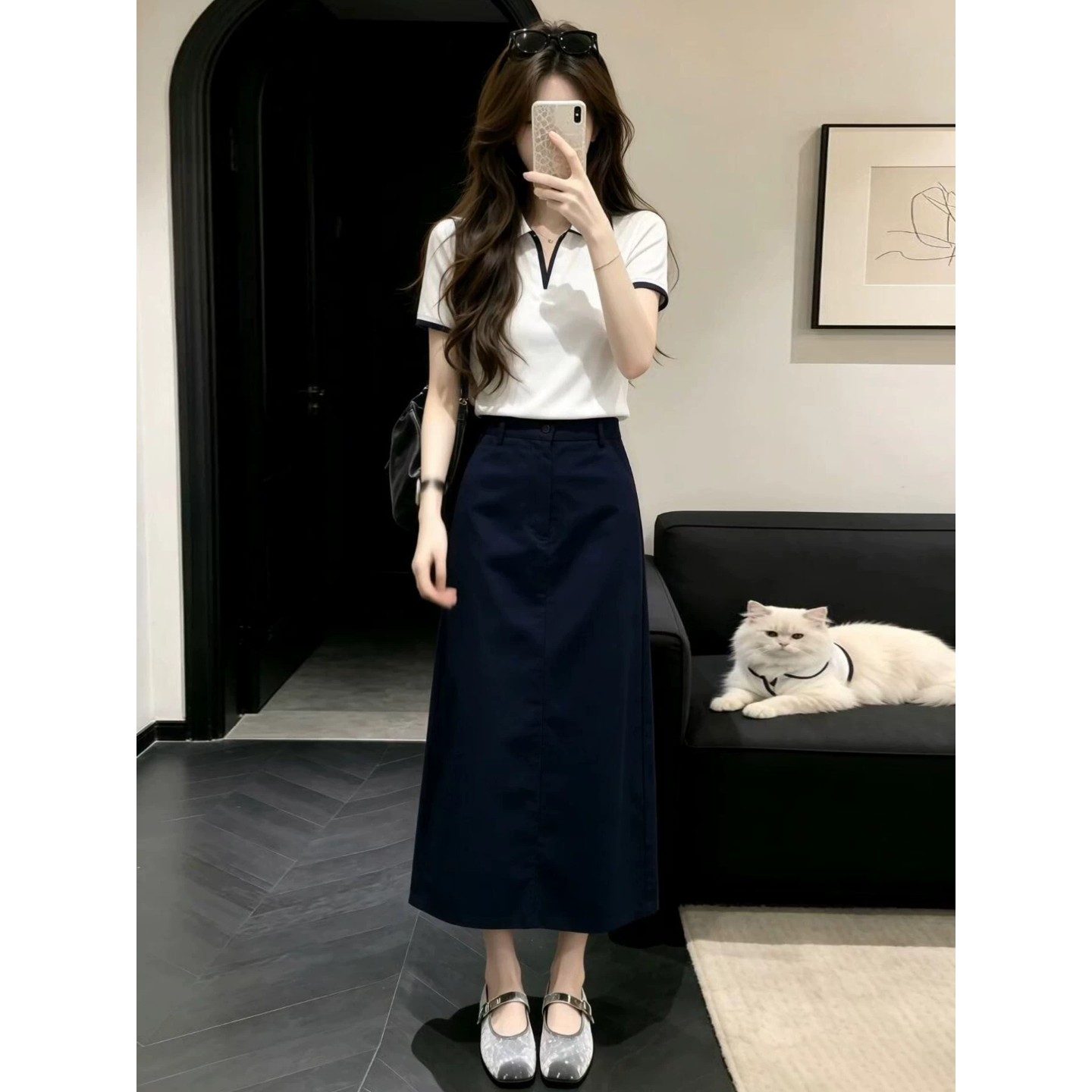 巨好看韩系通勤穿搭一整套装2026新款白色polo衫上衣女夏季长裙子