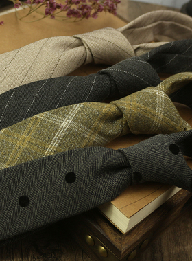 秋冬款新品领带男窄版休闲韩版6CM英伦复古格纹羊毛灰色条纹百搭