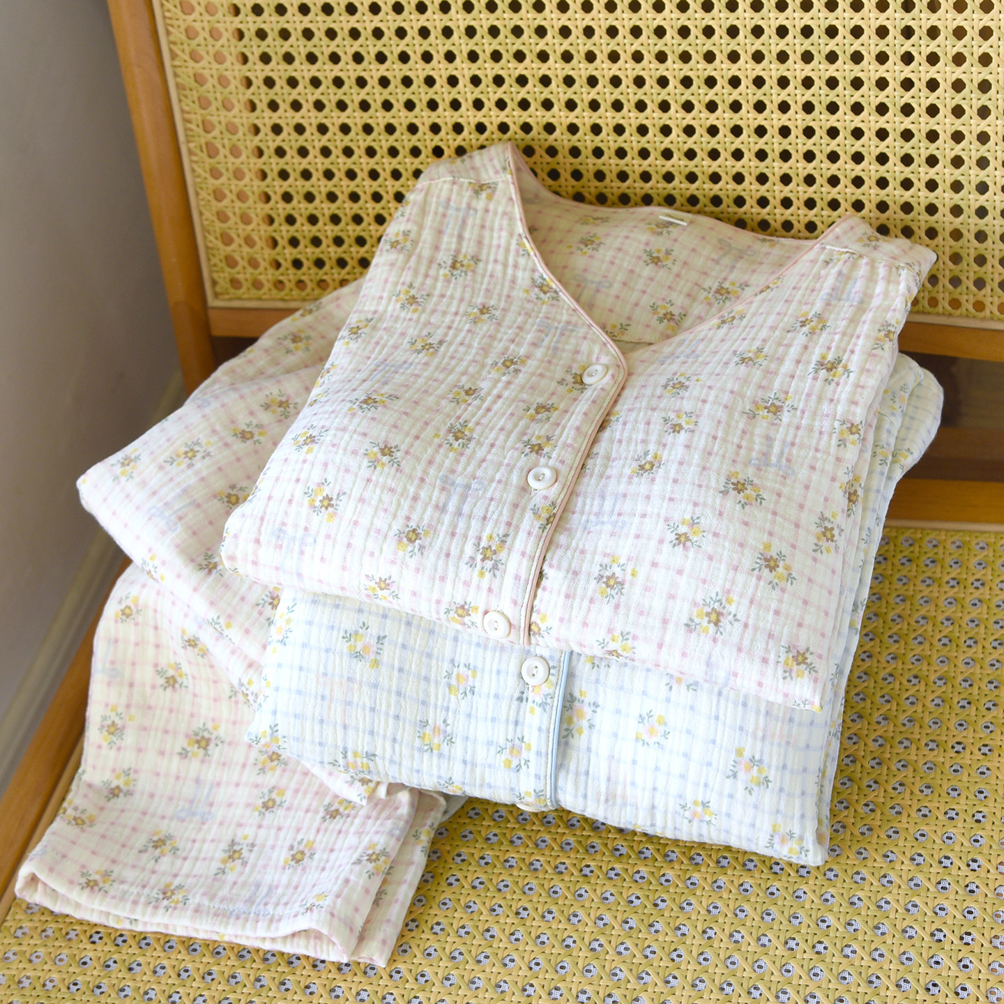 纯棉棉纱布睡衣女士带胸垫水洗棉纱绉纱棉V领双层纱家居服套装