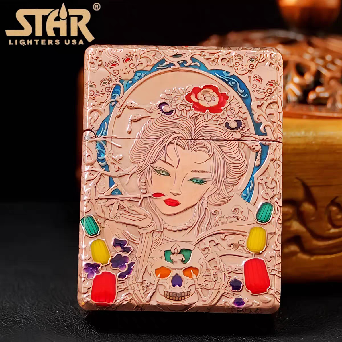 STAR恒星ST9紫铜六面珐琅彩浮雕画皮煤油打火机紫铜煤油机